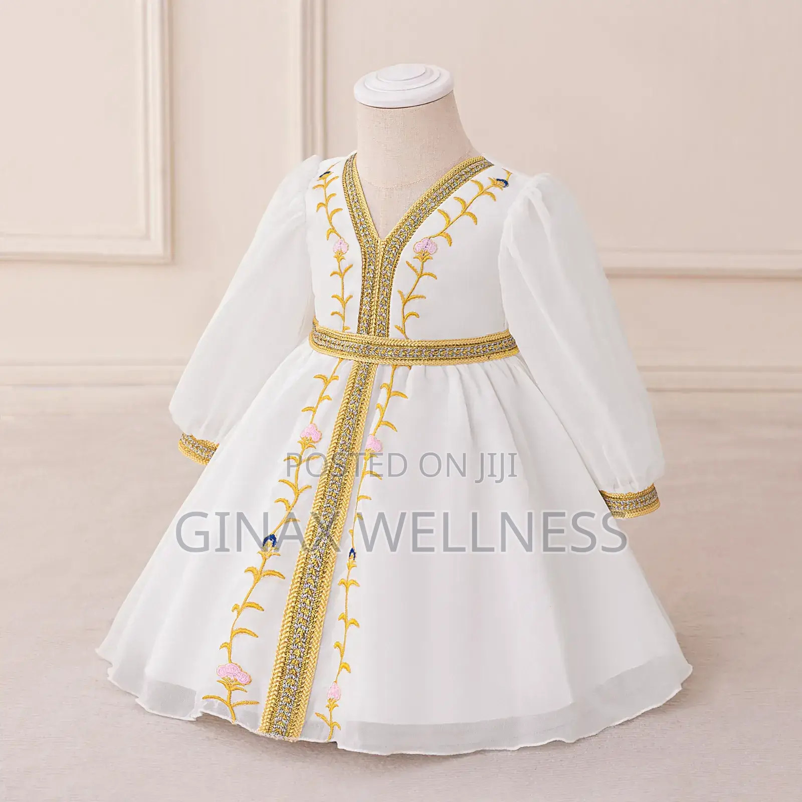 White Chiffon Baby Girl Dress With Gold Embroidery