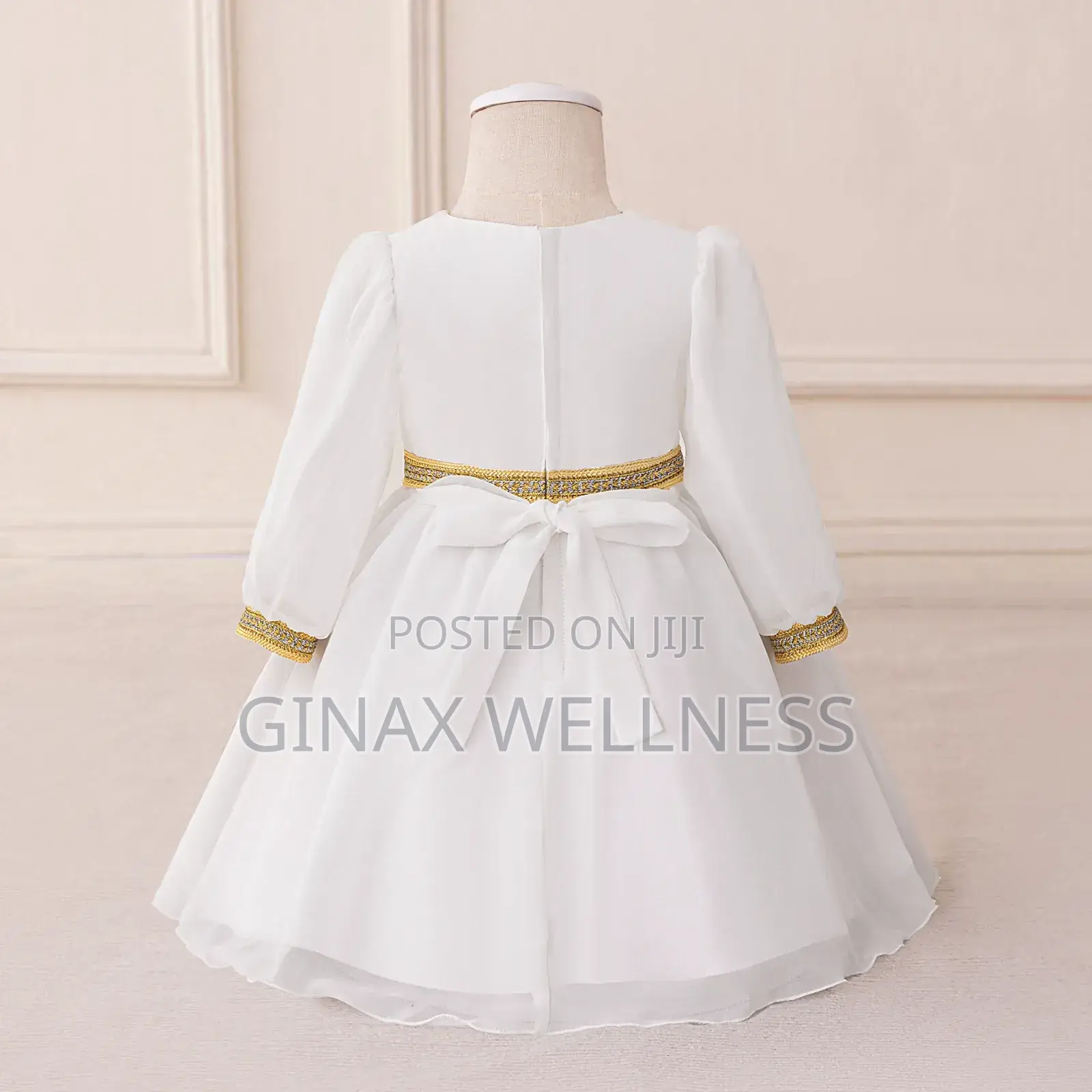 White Chiffon Baby Girl Dress With Gold Embroidery