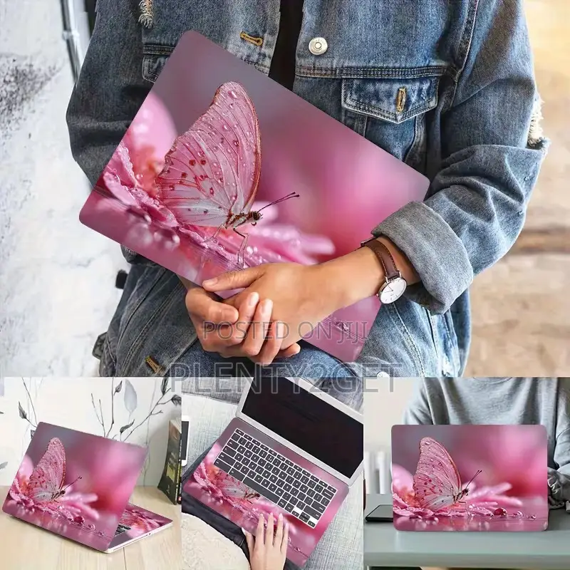 2pcs Pink Cherry Blossom Butterfly Glossy PVC Laptop Light Beige Sti