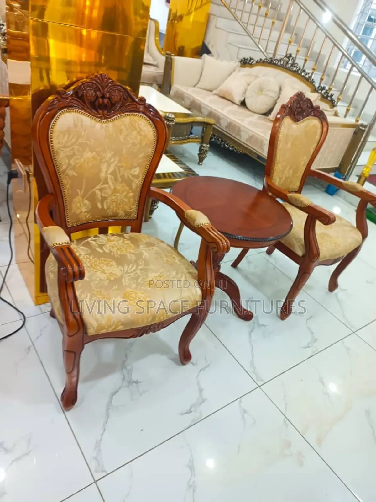 Pure Wooden Two Arm Fabric Chairs With Coffee Table