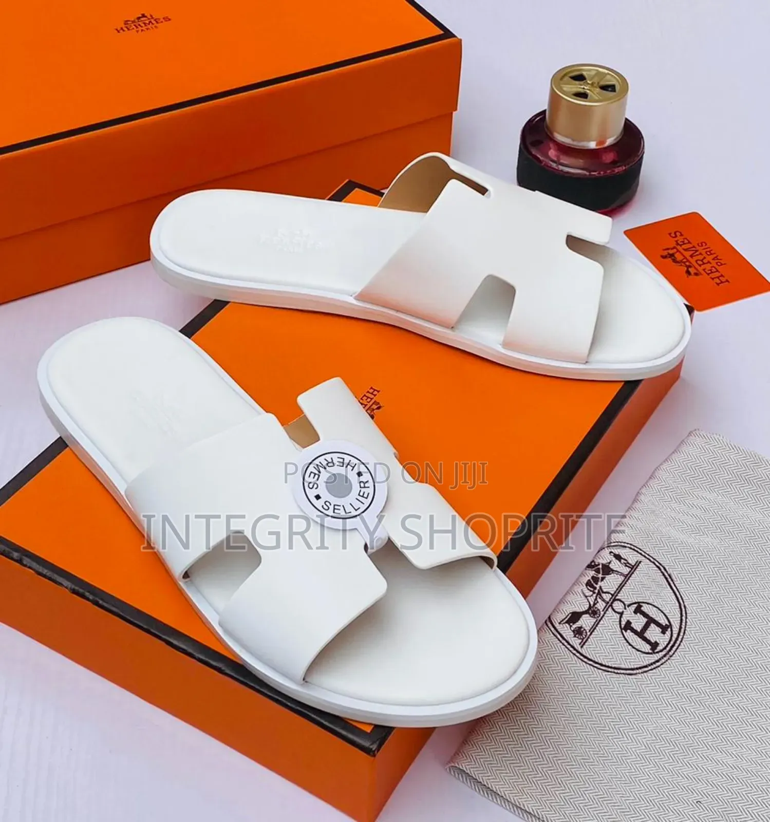 All White Hermes Slippers