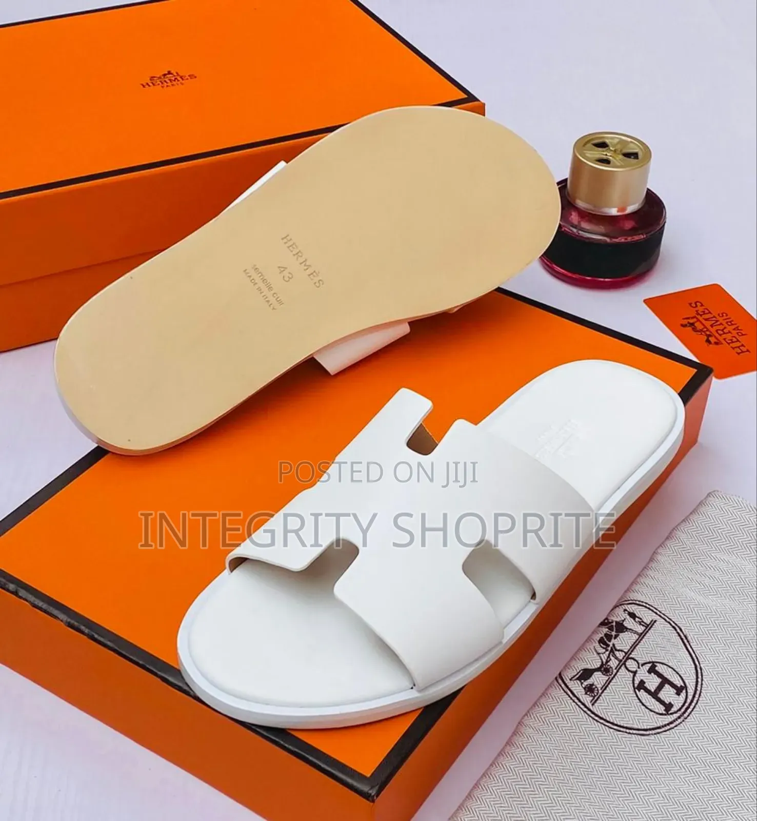 All White Hermes Slippers
