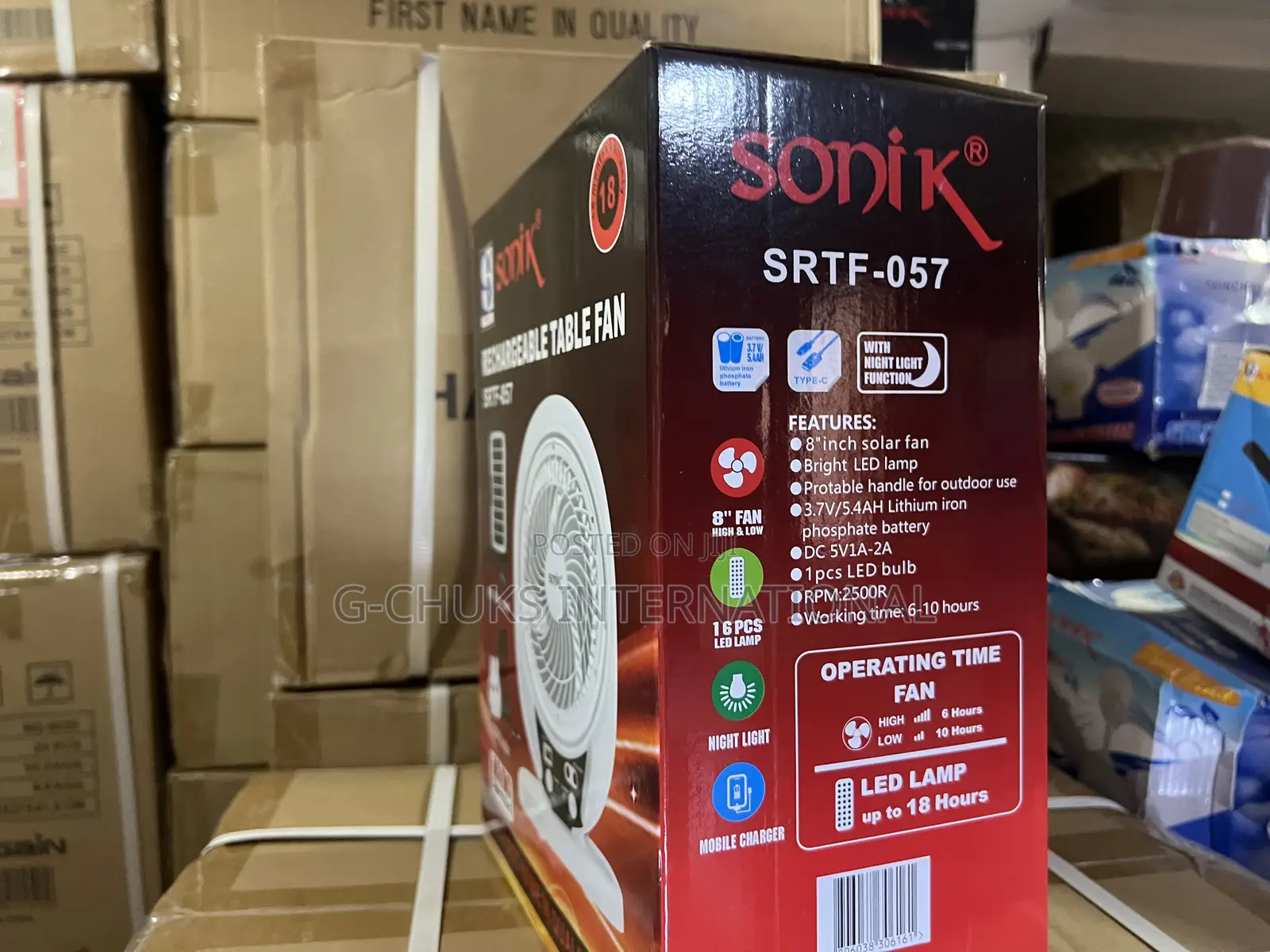Sonik 8” Rechargeable Table Fan With Solar Panel and 2 Bulbs