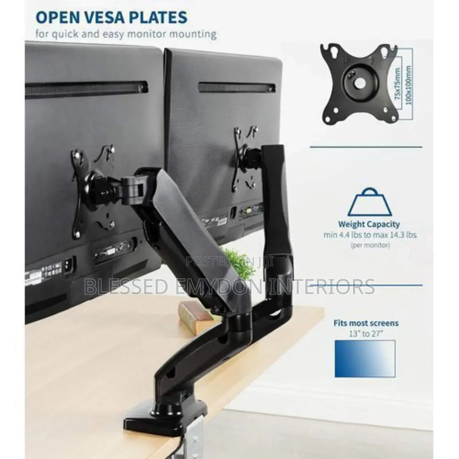 Vivo Dual Arm Monitor Desk Mount Tilt, Swivel, Pneumatic Stand