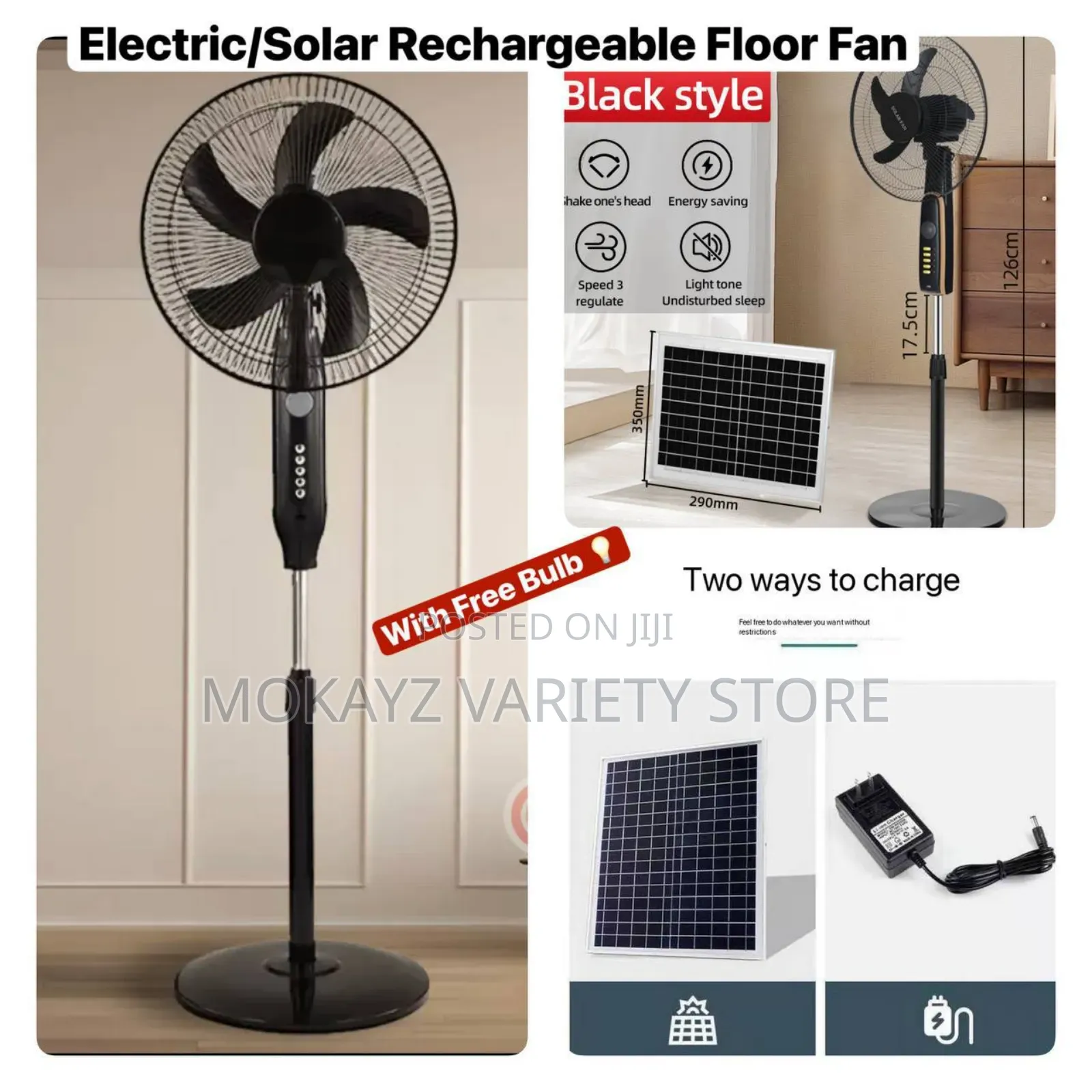 16inches Electric/Solar Sturdy Floor Fan + Extra Bulb (White Only)