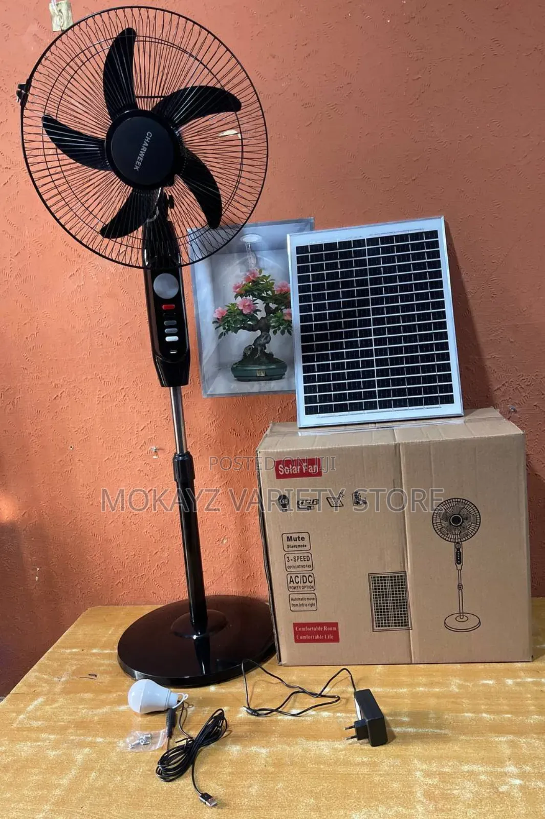 16inches Electric/Solar Sturdy Floor Fan + Extra Bulb (White Only)