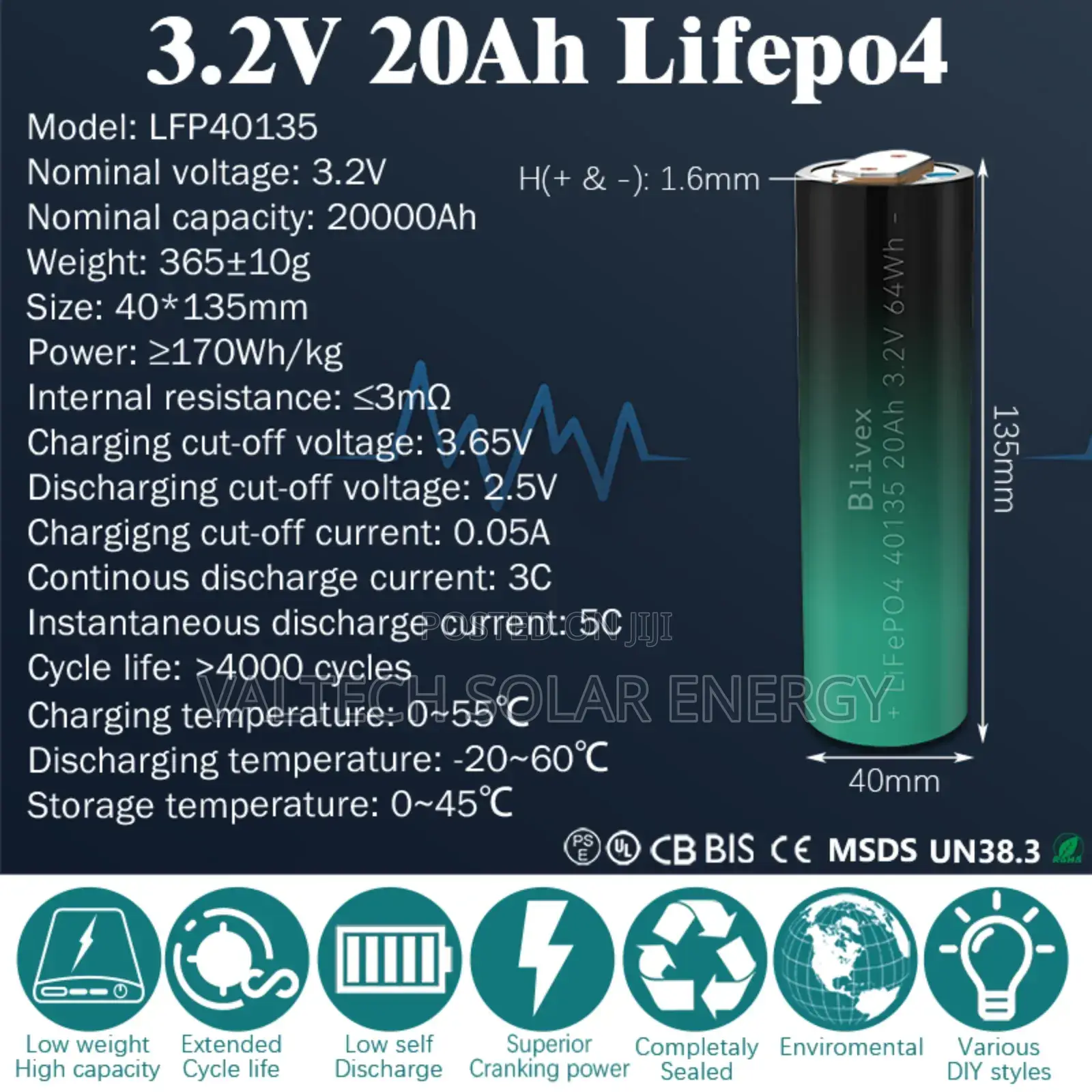 Brand New 40135 20ah 3.2v Cylindercal Lifepo4 Lithium Battery Cells