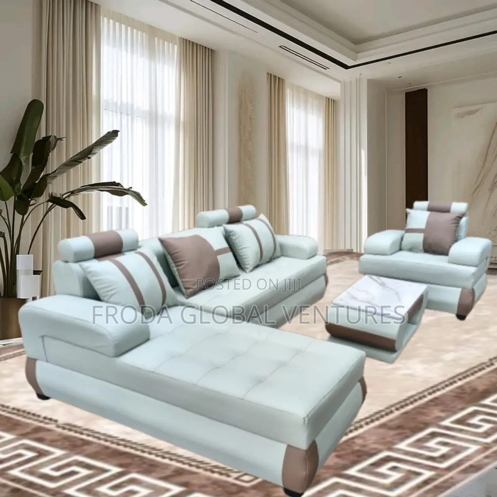 Set of L-Shape Sofa and Single Chair With Table. Gray Leather. Ben02