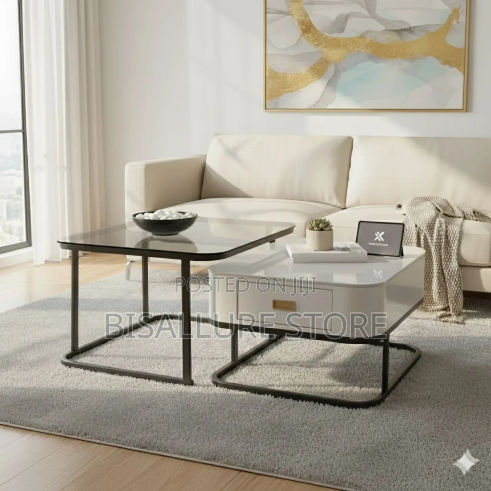 Marble And Tempered Glass Twin Center Table With Drawer