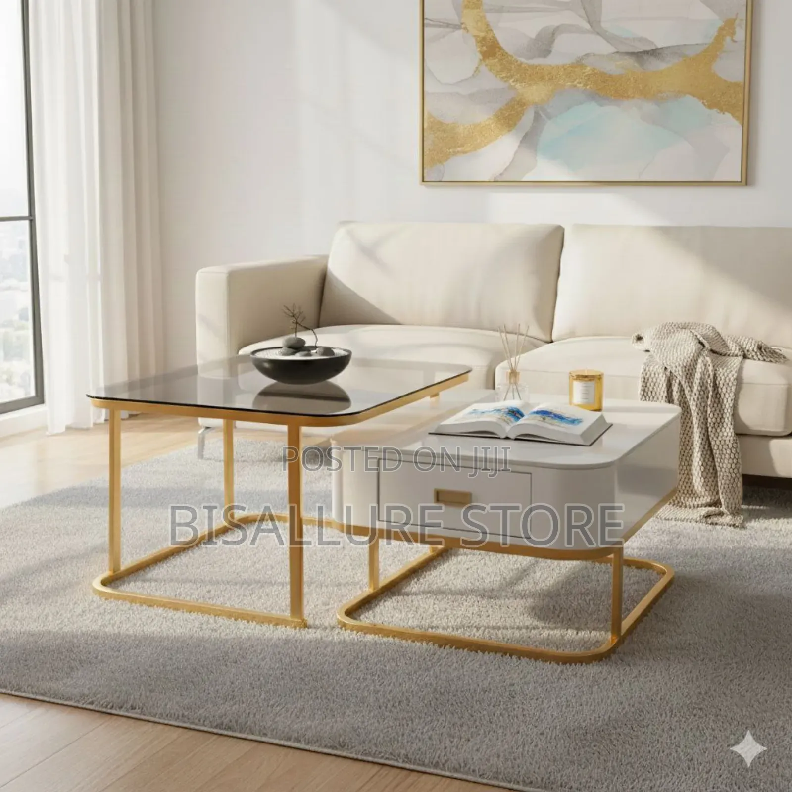 Marble And Tempered Glass Twin Center Table With Drawer