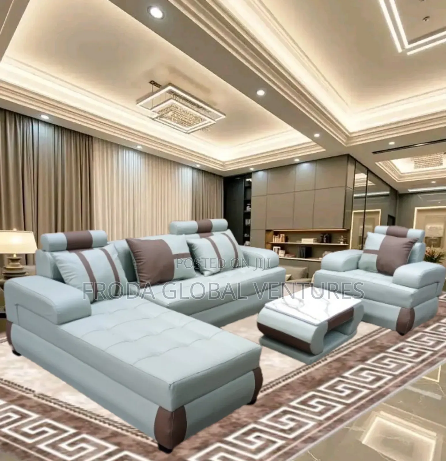 Set of L-Shape Sofa and Single Chair With Table. Light Gray Leather. 1