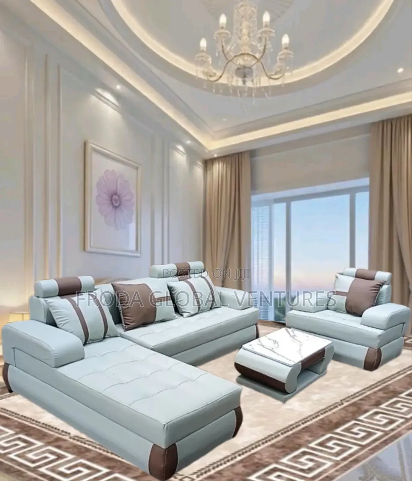 Classic Couch of L-Shape Sofa and Single Chair With Table. Light Gray