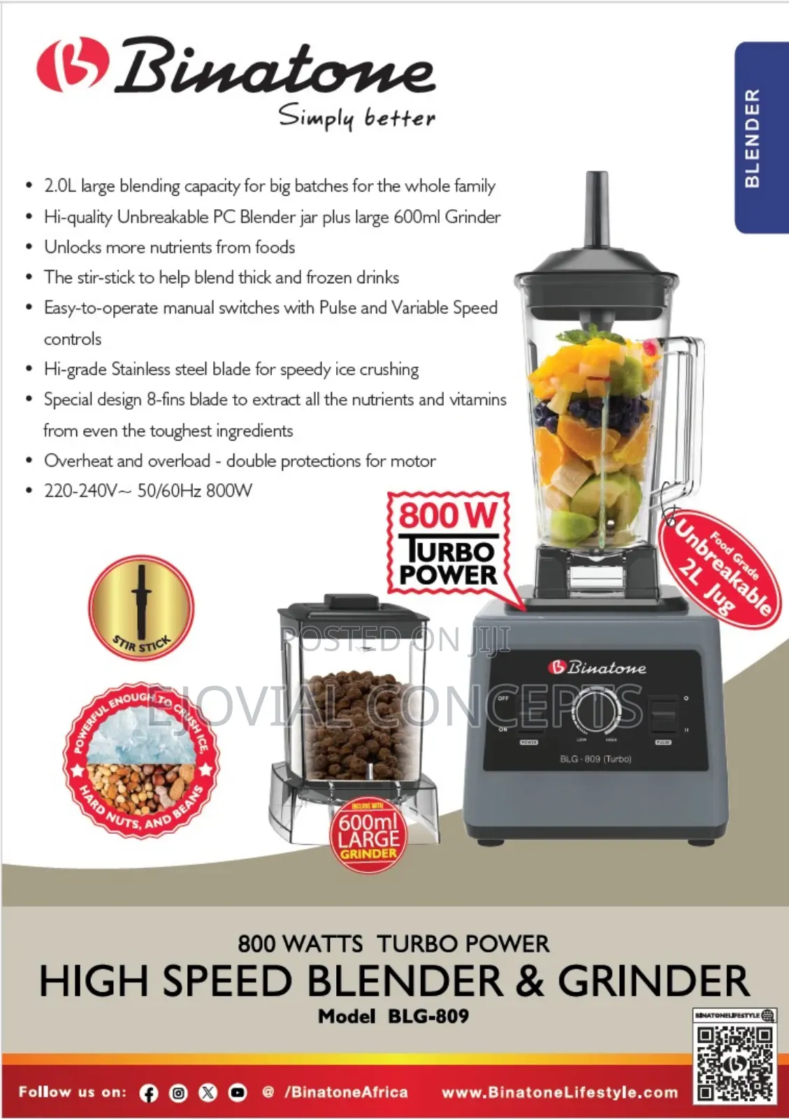 Binatone BLG-809 High-Speed Blender Grinder — 800w Turbo Power