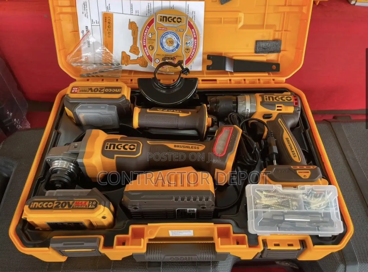 Ingco 20v Lithium-Ion Cordless Grinder Hammer Impact Drill Combo Kit