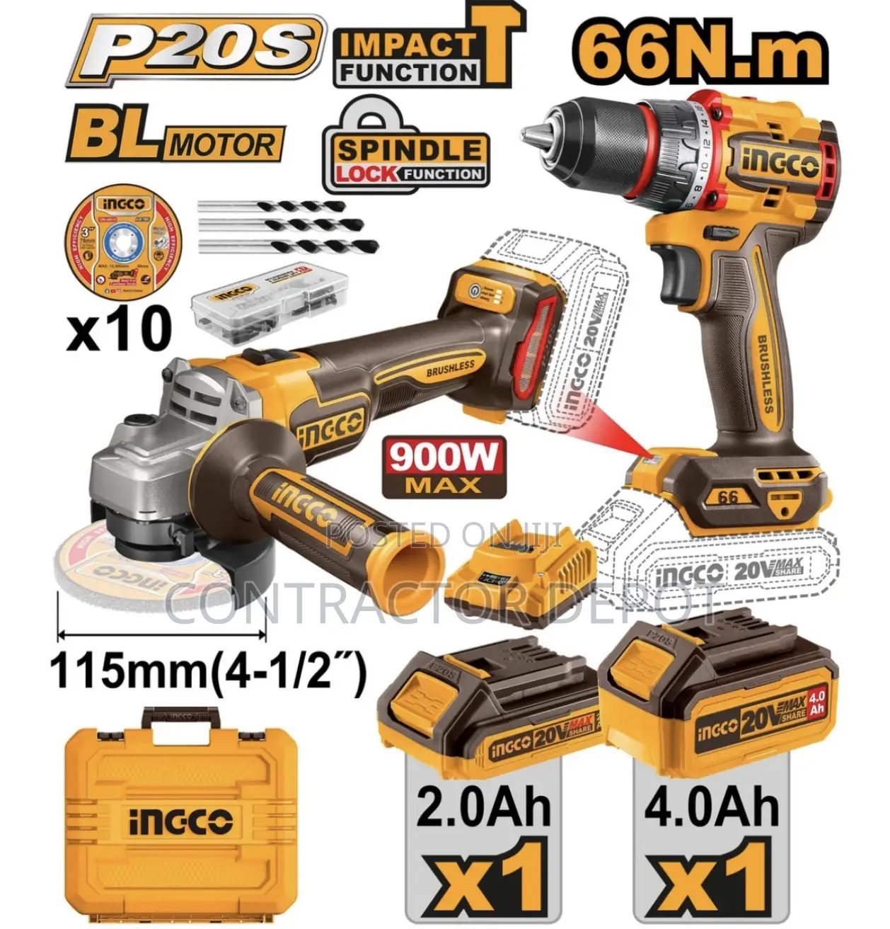 Ingco 20v Lithium-Ion Cordless Grinder Hammer Impact Drill Combo Kit