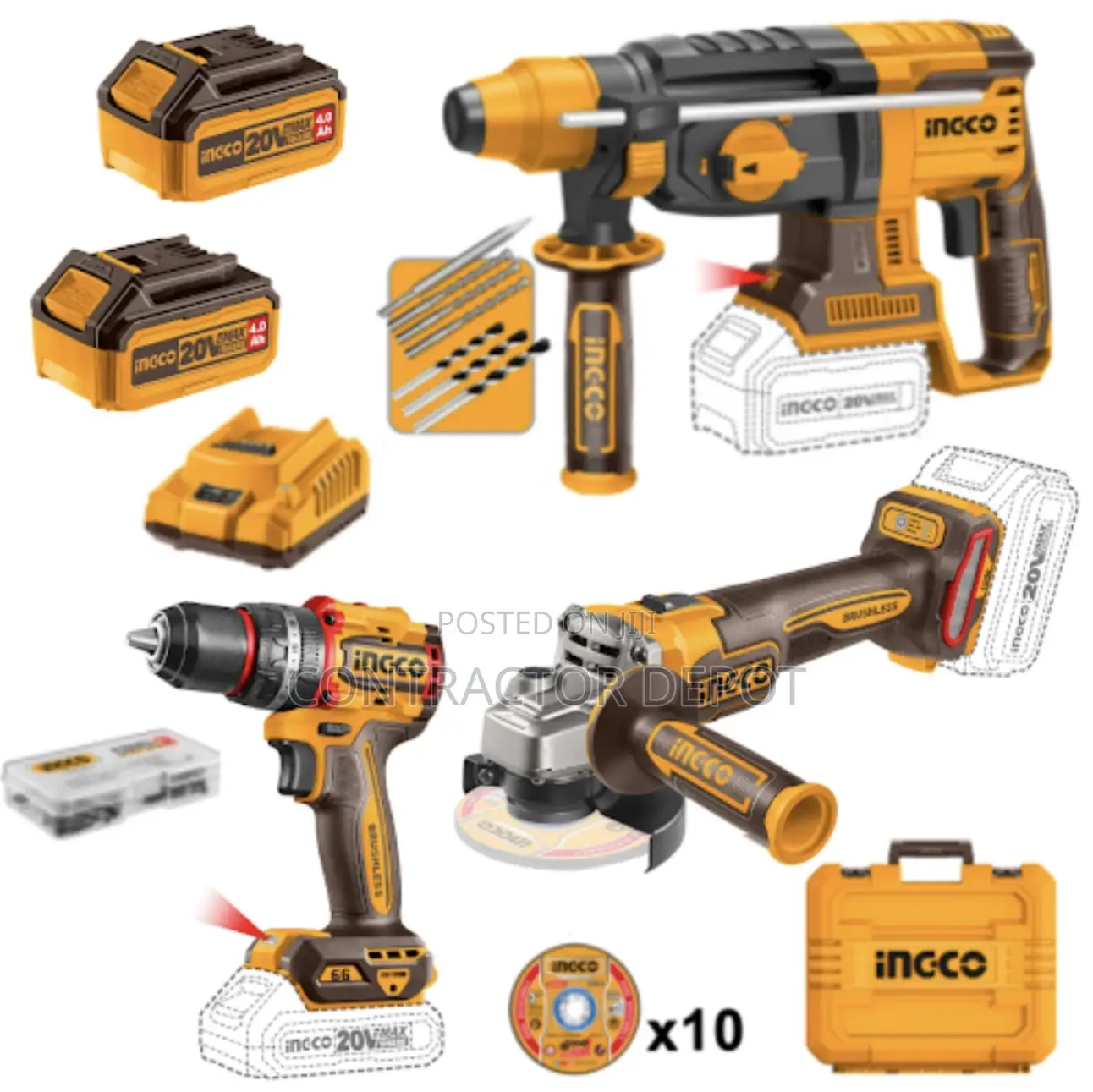 Ingco Lithium-Ion 3 Pieces Cordless Combo Kit Rotary Hammer
