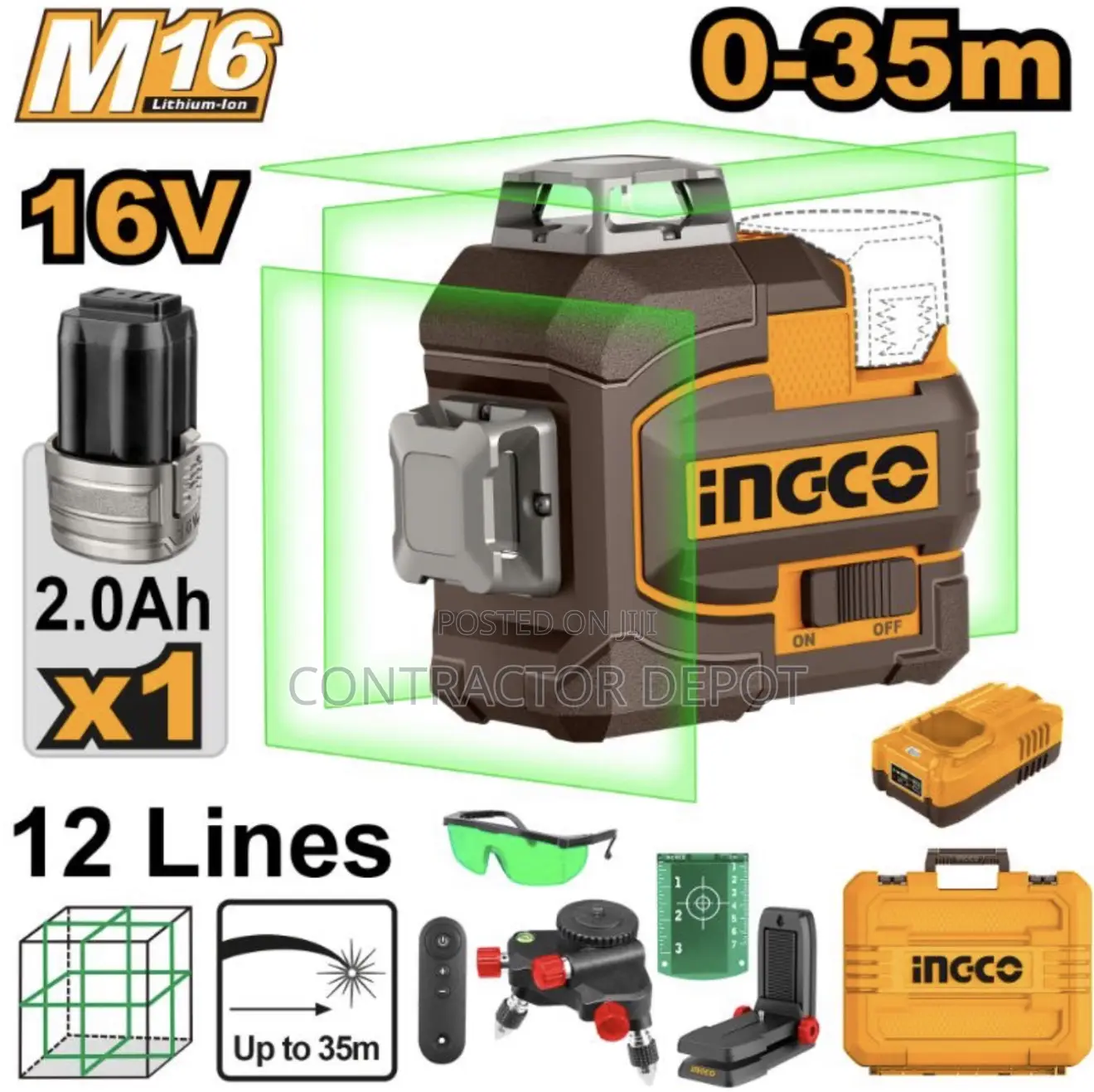 Ingco Cordless 16v Lithium-Ion 3d Level Laser 35m