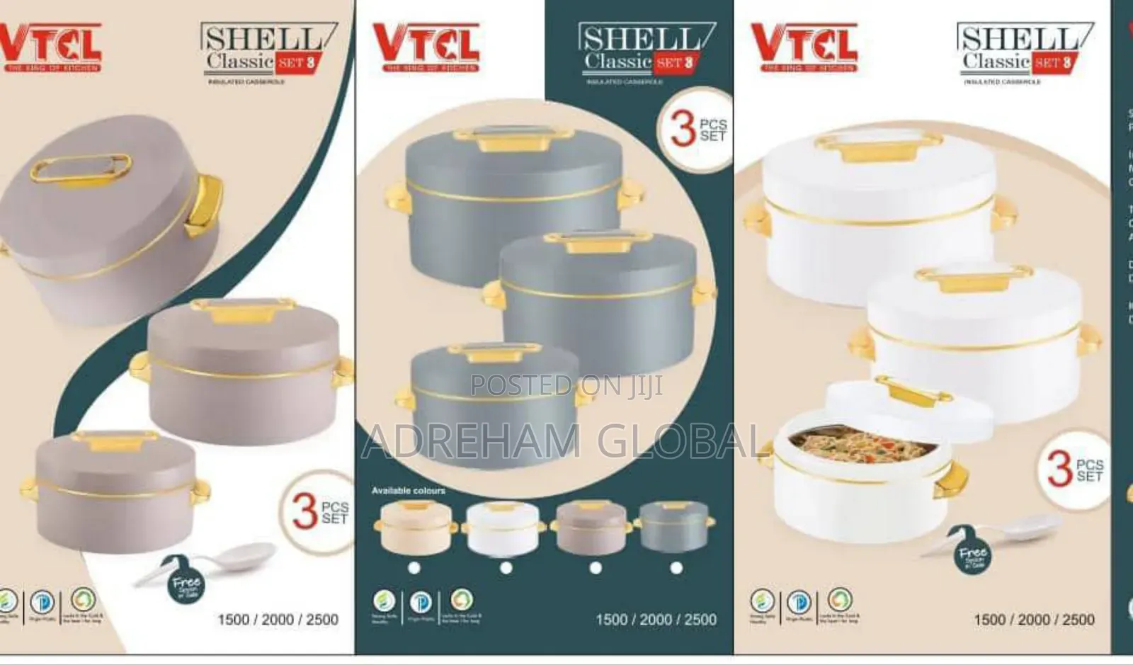 VTCL Shell 3pcs Cooler Set Insulated Casserole,1500, 2000, 2500ml