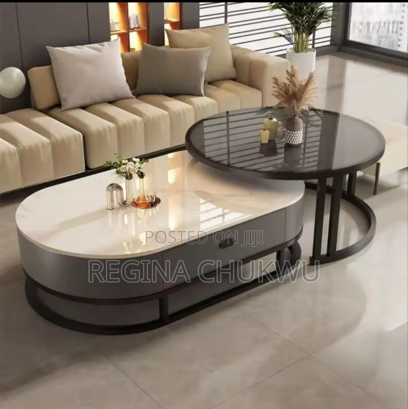 Real Mable Oval and Round Center Table With Drawer