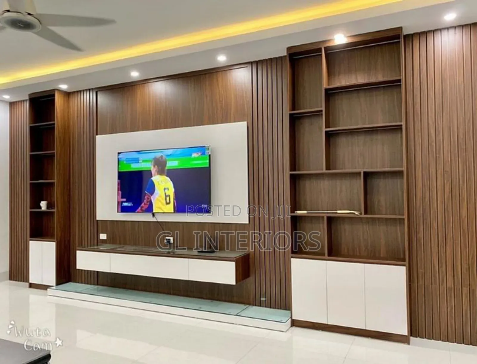 Tv Console With Wood Finish and Wall Panel , Full Wall