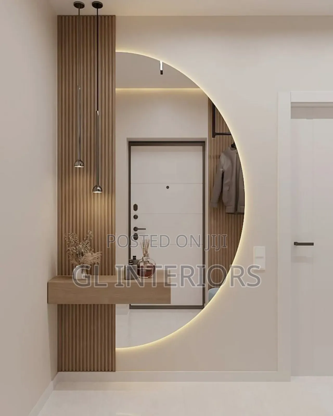 Luxury Modern Mirror Set – Backlit Half-Moon Mirror Floating Console