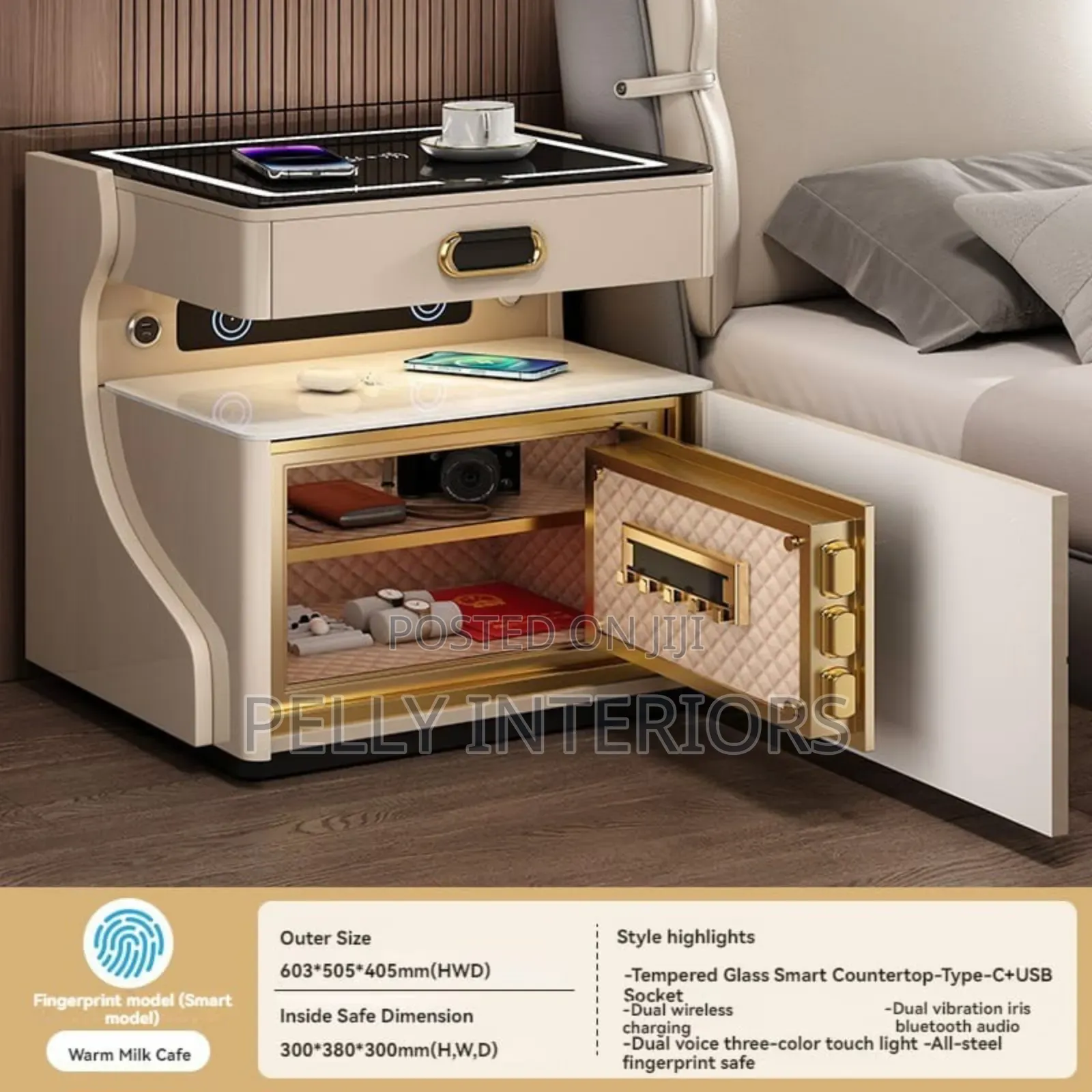 Smart Luxury Bedside Drawer With Safe, Bluetooth and Charging Port