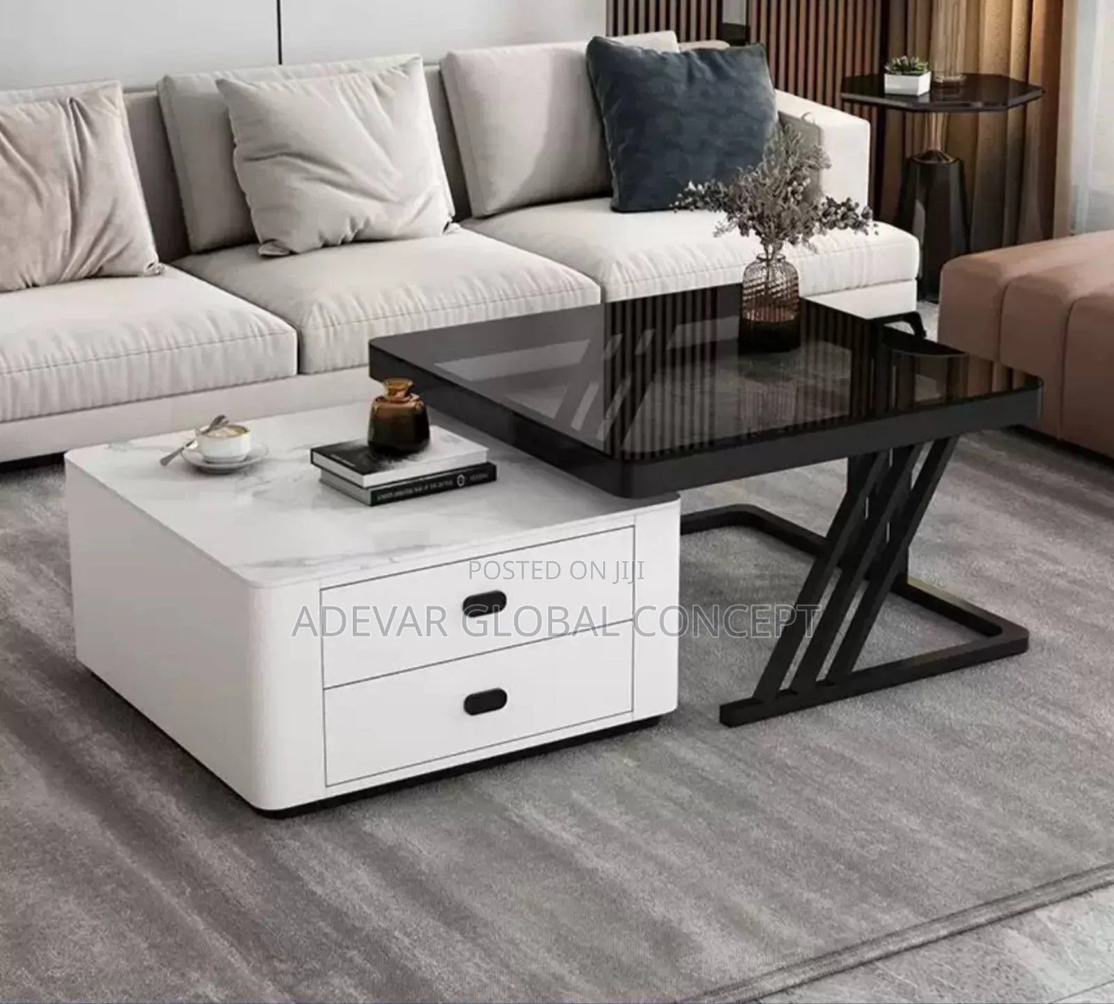 2in1 Real Marble Tampered Glass Center Table With Double Drawer