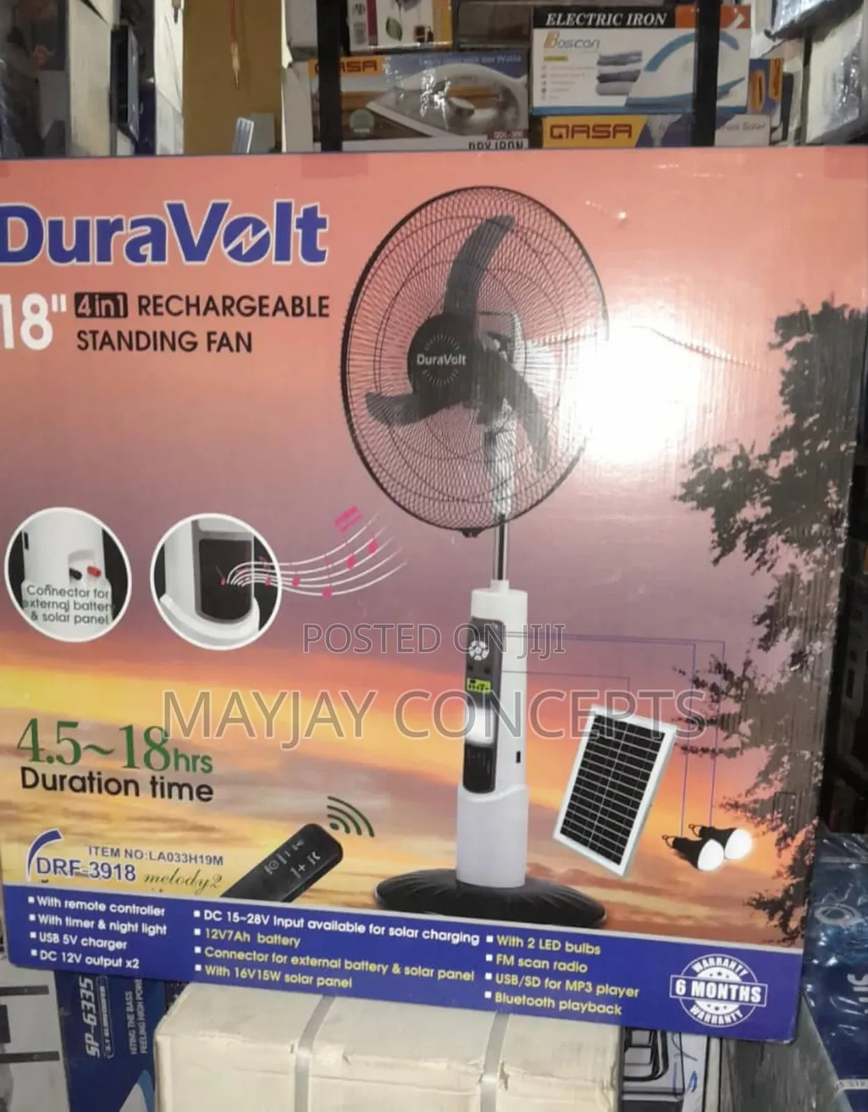 Duravolt 18-Inch Solar Rechargeable Ac/Dc Fan With Music,Panel,Bulbs