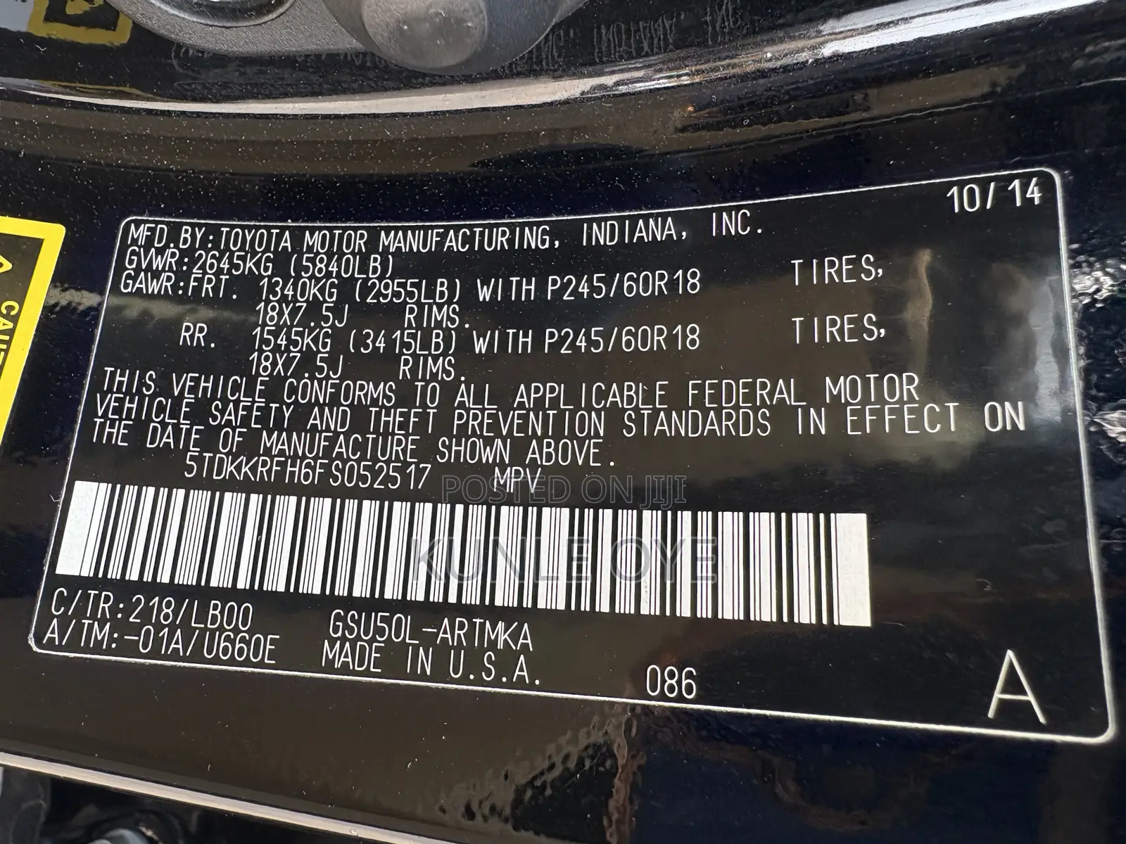 Toyota Highlander XLE 4dr SUV AWD (3.5L 6cyl 6A) 2015 Black