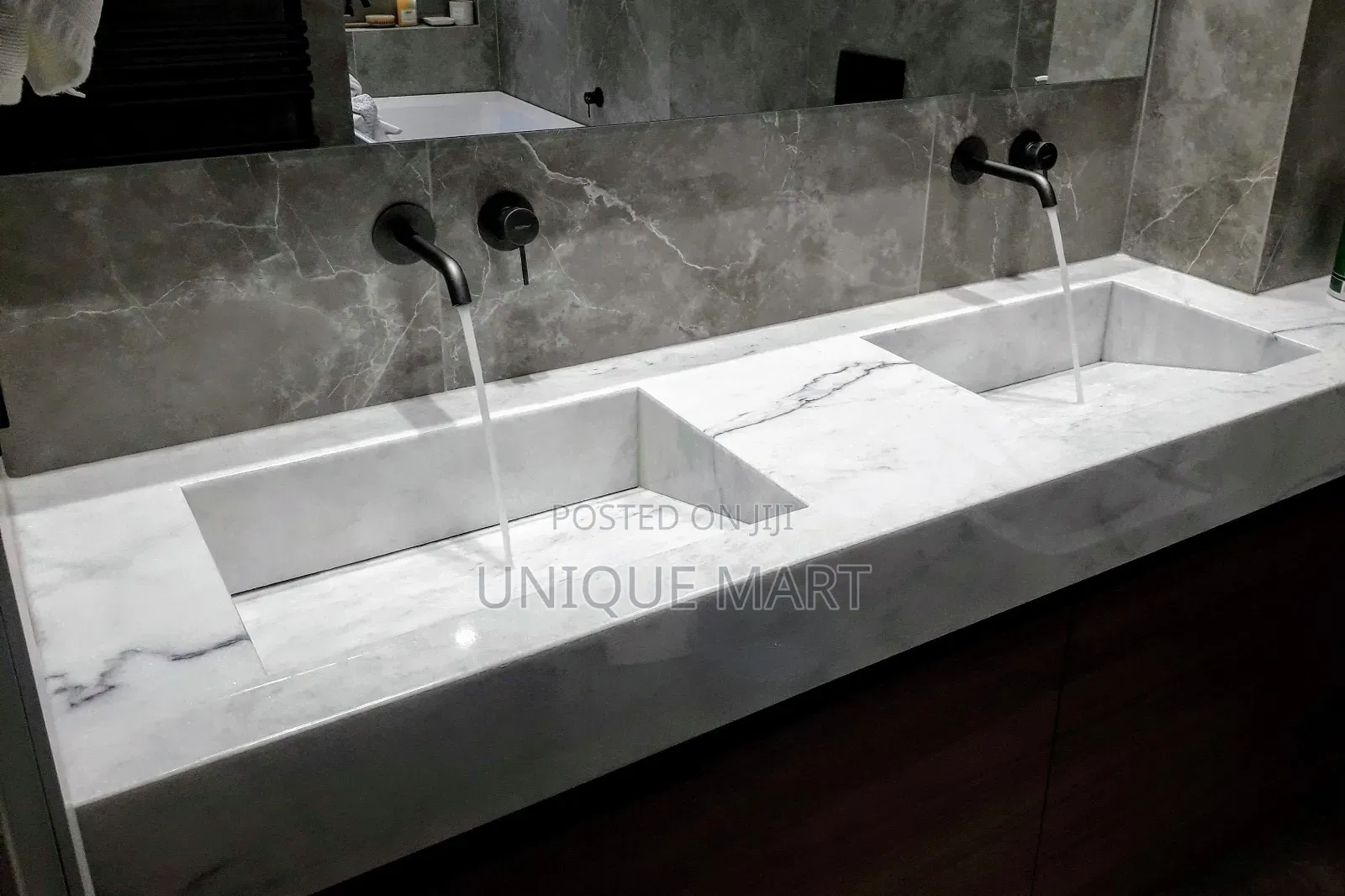 White Crafted Marble Sink Countertop, Double Bowl and Tray