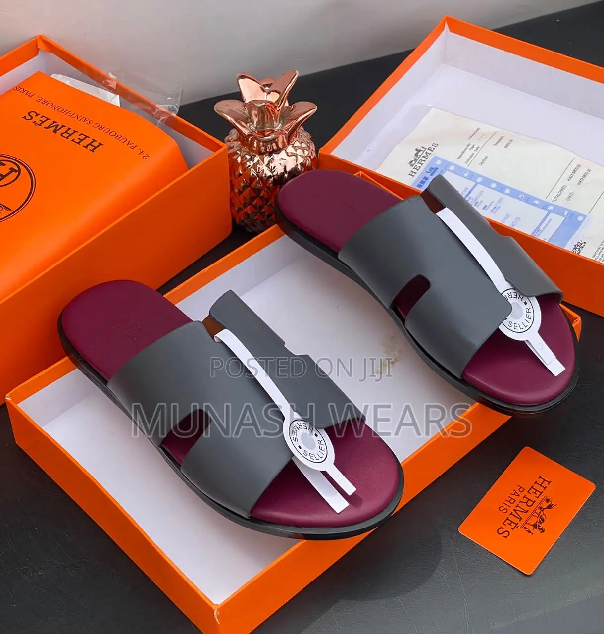 Hermes Leather Slipers Crystal Black 40-46