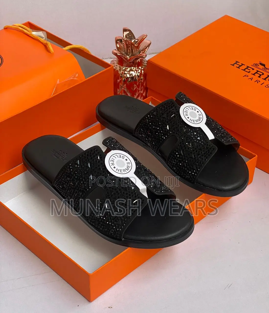 Hermes Leather Slipers Crystal Black 40-46