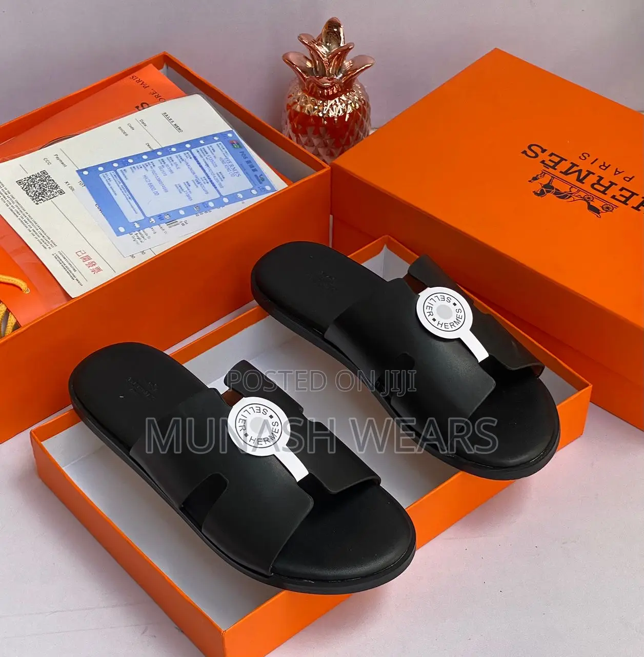 Hermes Leather Slipers Crystal Black 40-46