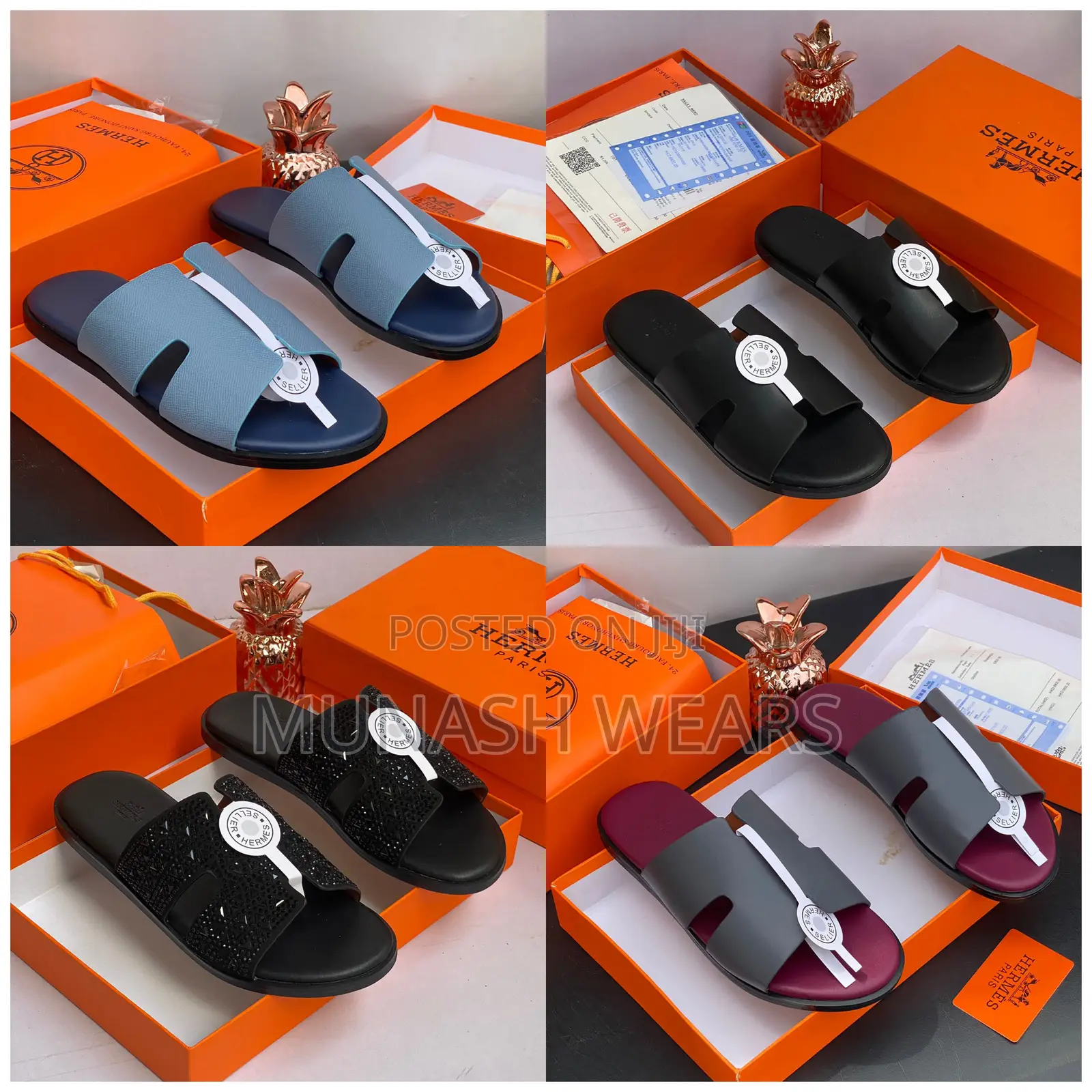 Hermes Leather Slipers Crystal Black 40-46