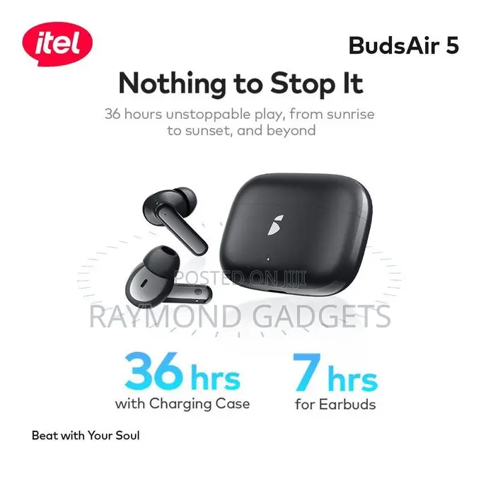 Itel Budsair 5 Tws Earbuds Deep Bass, 36h Playtime, Noise Cancel Black