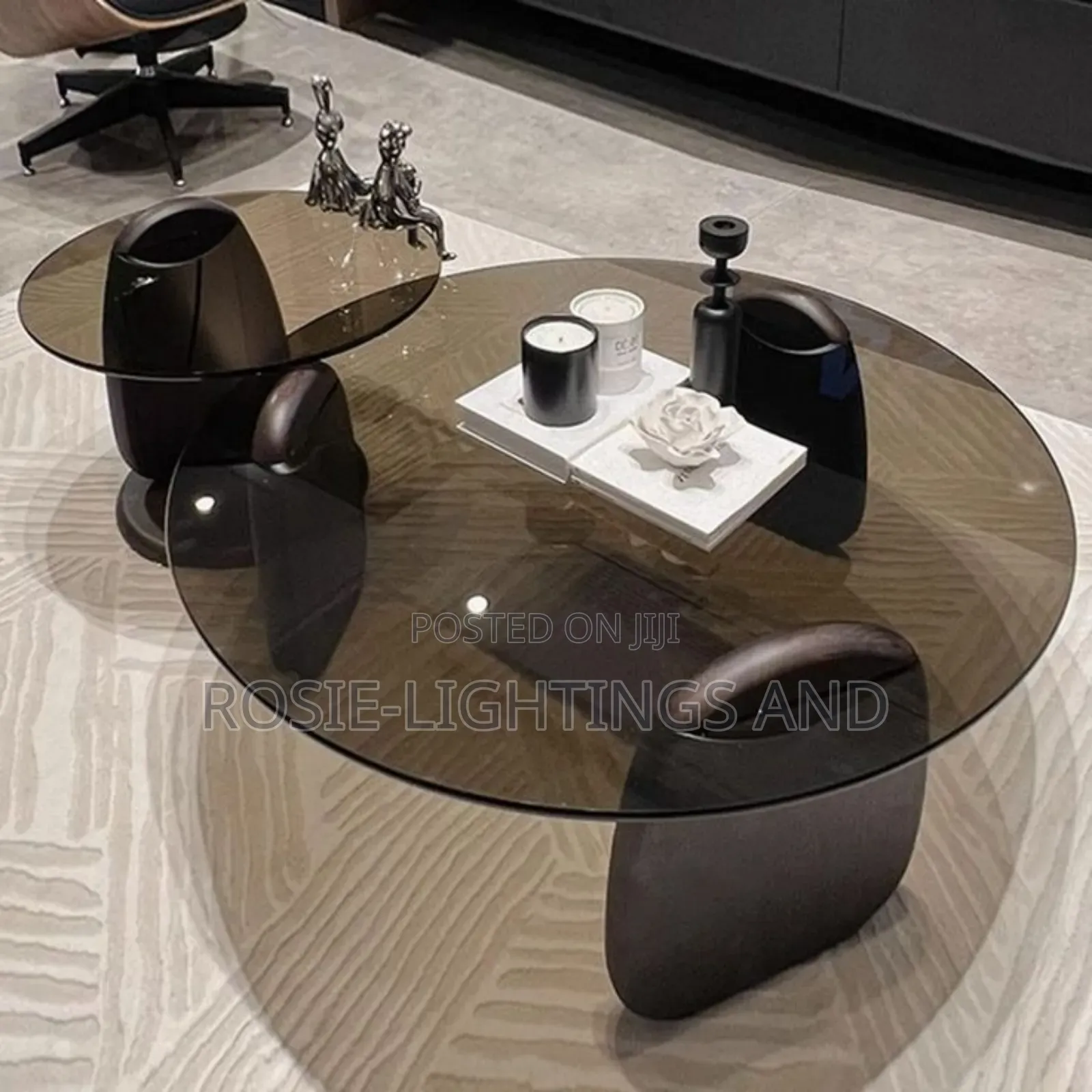 Aesthetic Modern Dark Glass Coffee Table and Stool ( Wood Base)