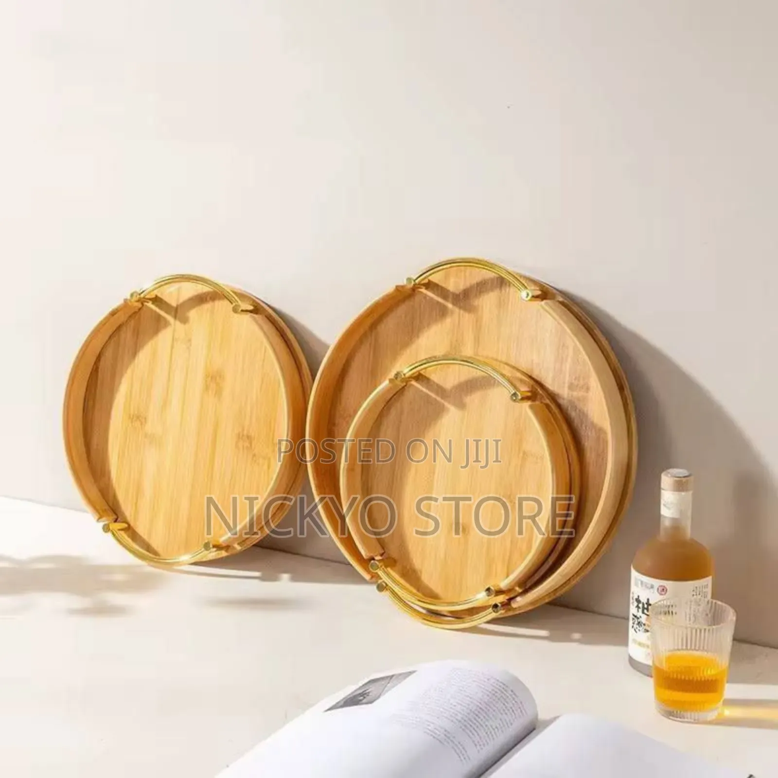 Luxury Bamboo Serving Tray Set (Round – Gold Handle Design)