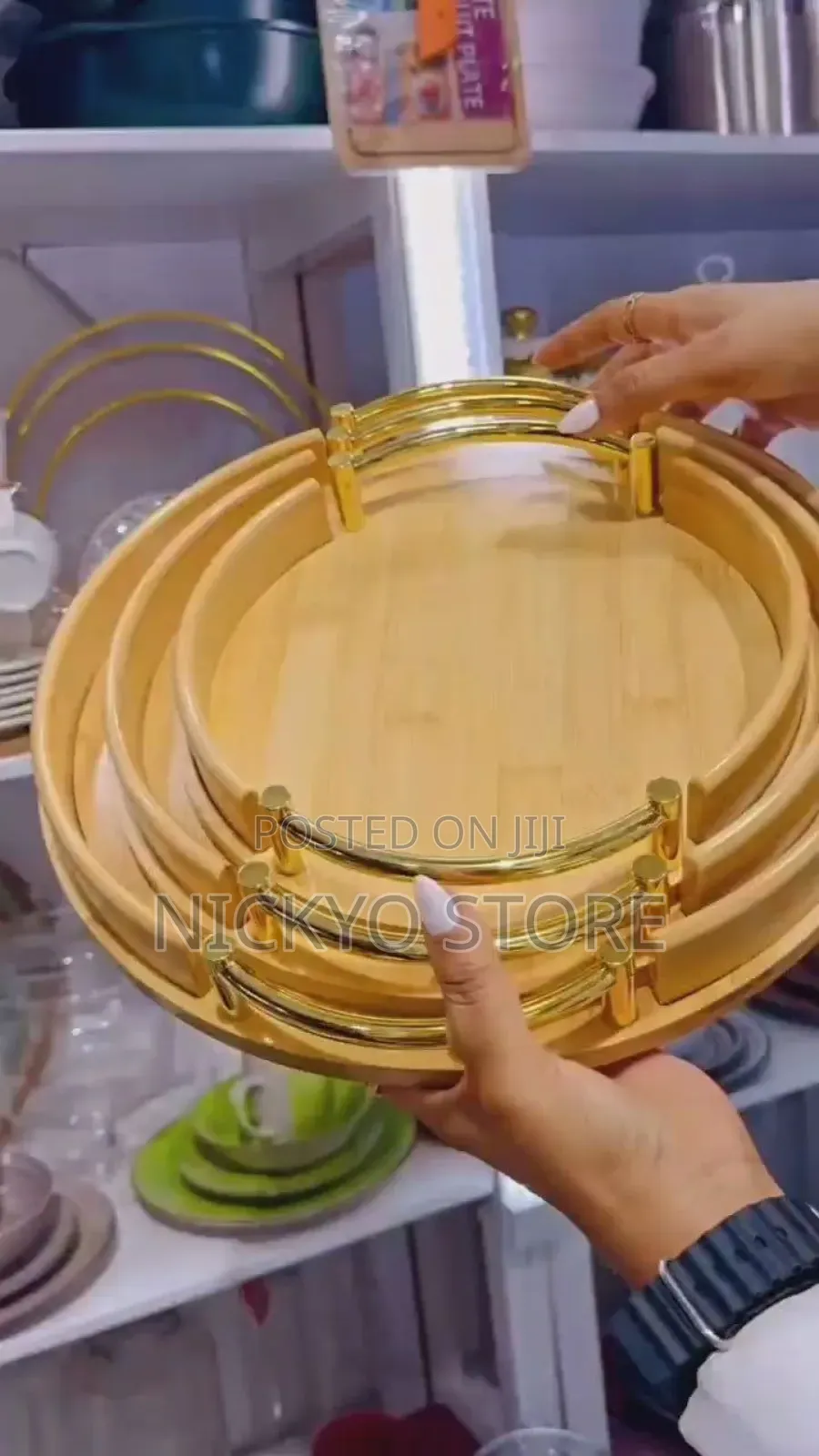 Luxury Bamboo Serving Tray Set (Round – Gold Handle Design)