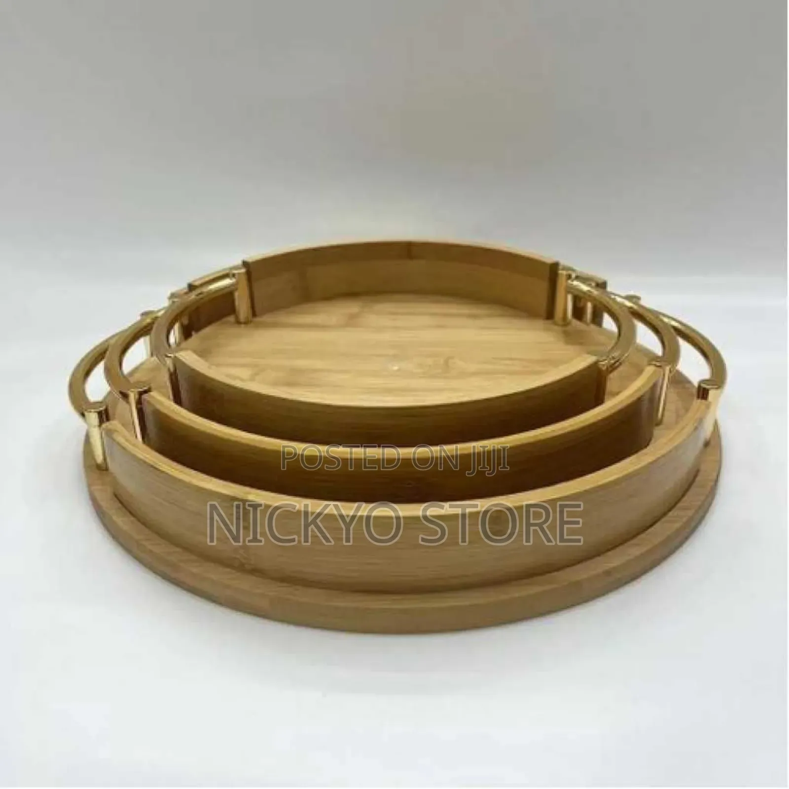 Luxury Bamboo Serving Tray Set (Round – Gold Handle Design)