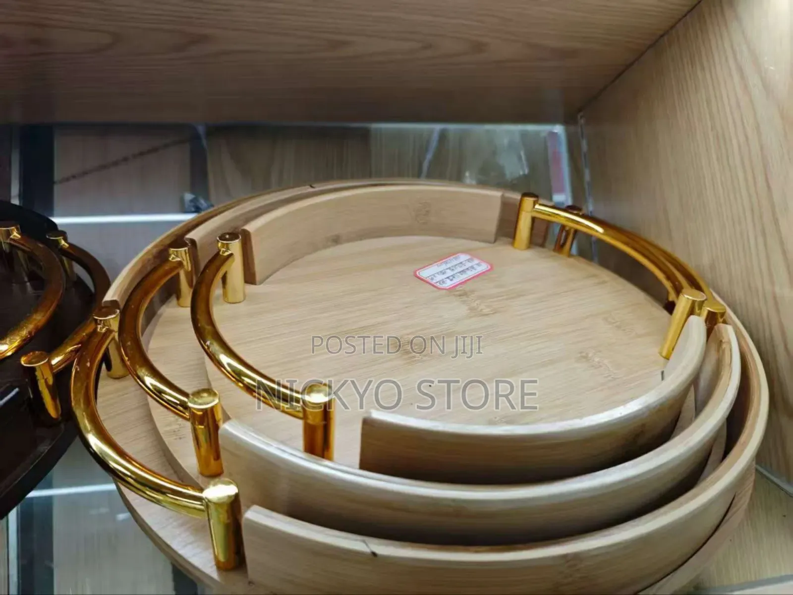 Luxury Bamboo Serving Tray Set (Round – Gold Handle Design)