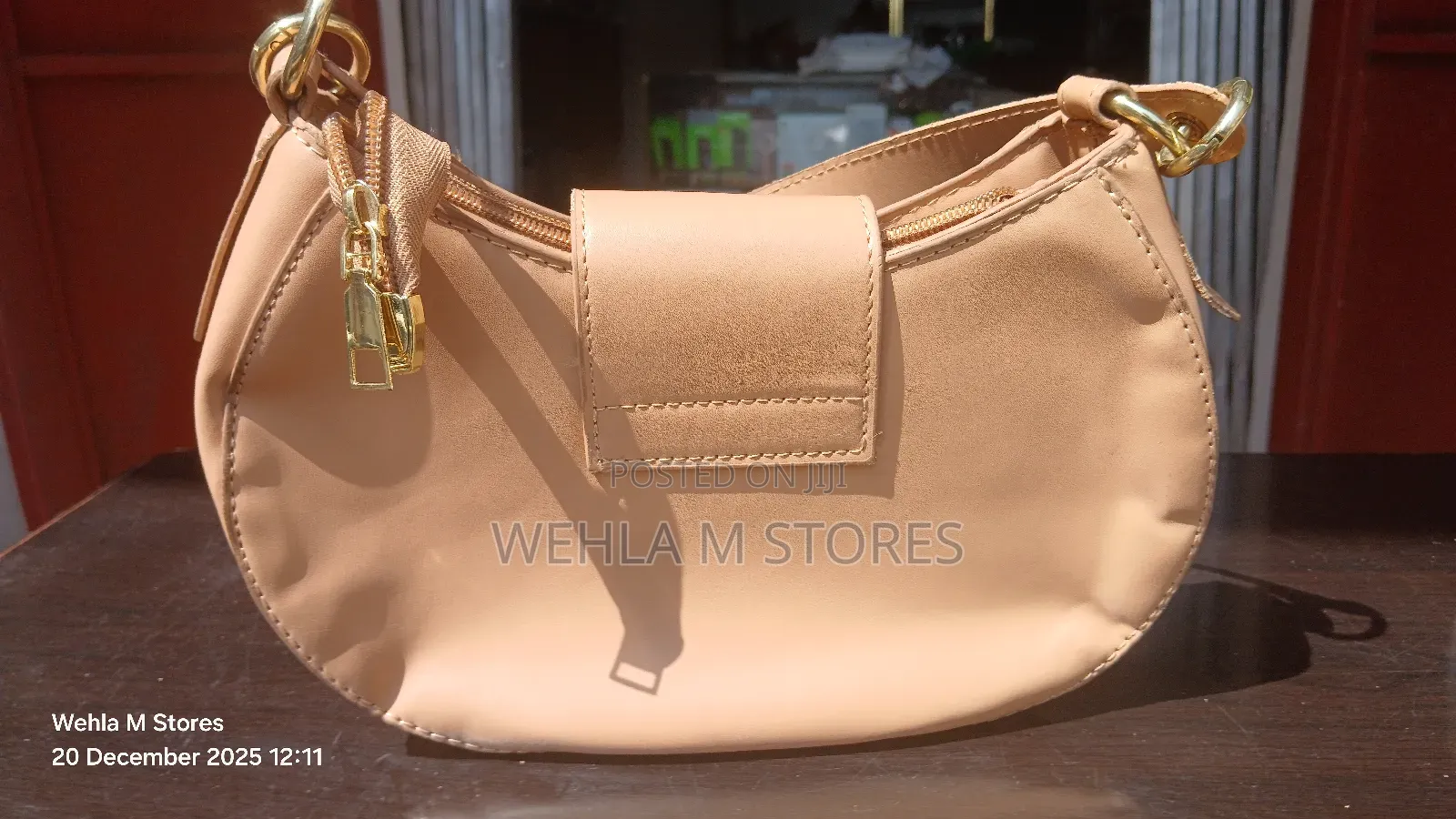 Shoulder Bag With Gold Embellishment- Nude