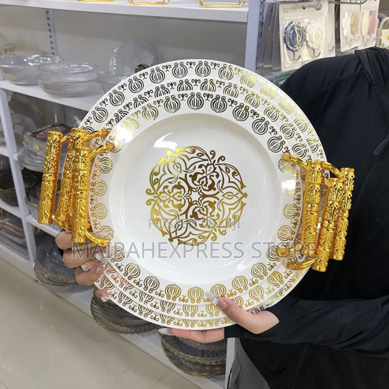 3pcs Round Gold Trim Tray Set B3s
