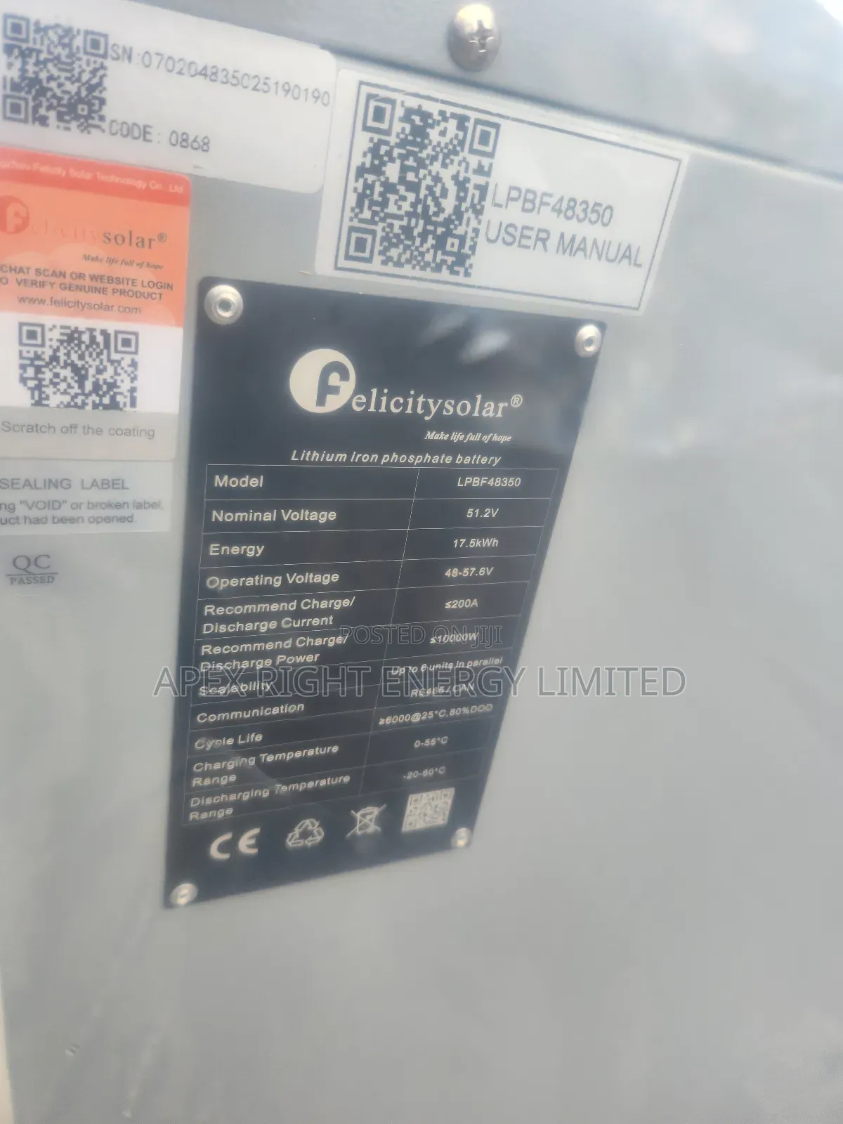 17.5kwh Felicity Lithium Battery 51.2volts