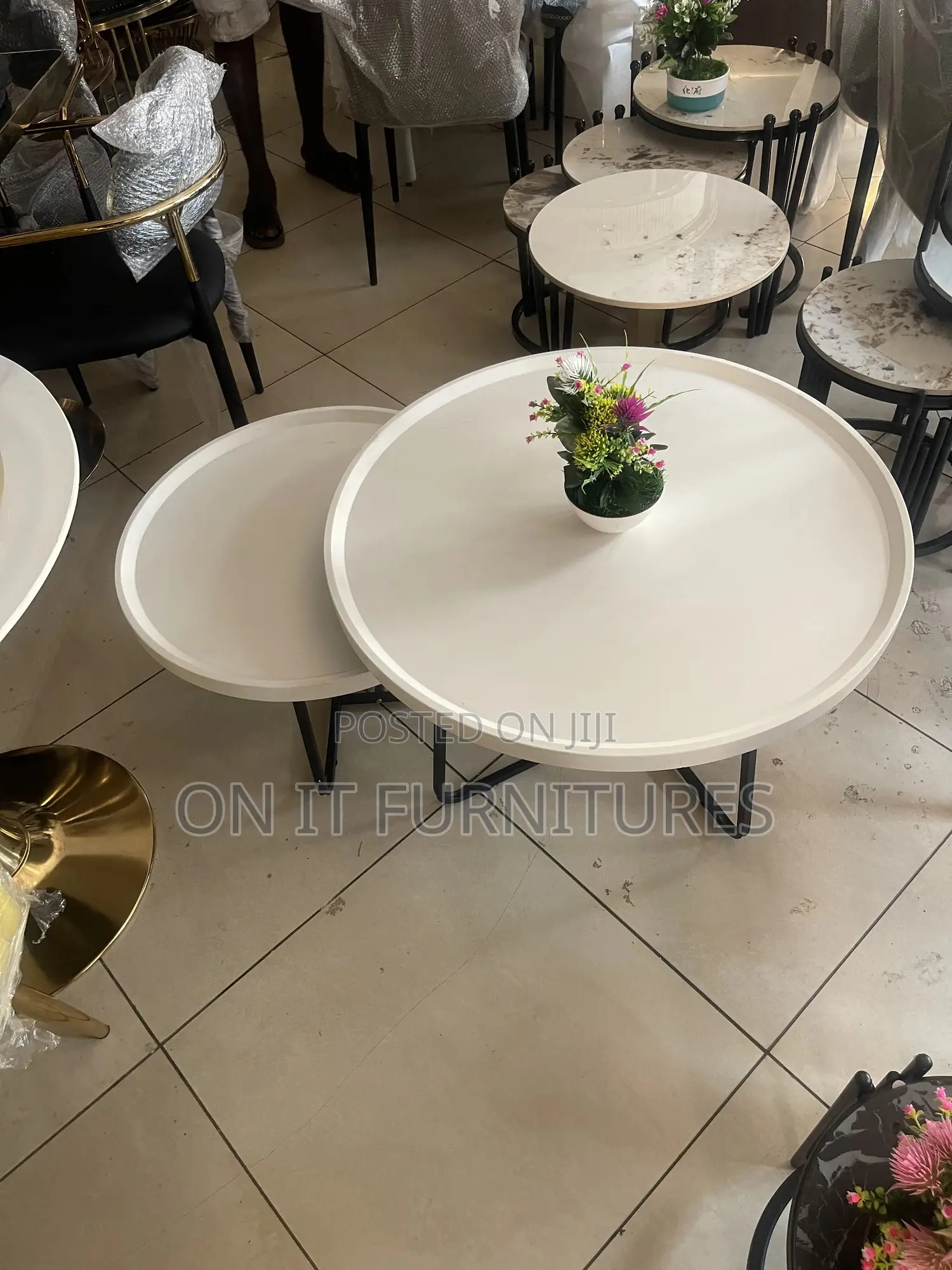 Modern Round Nesting Coffee Table Set – Brown Wood Black Metal