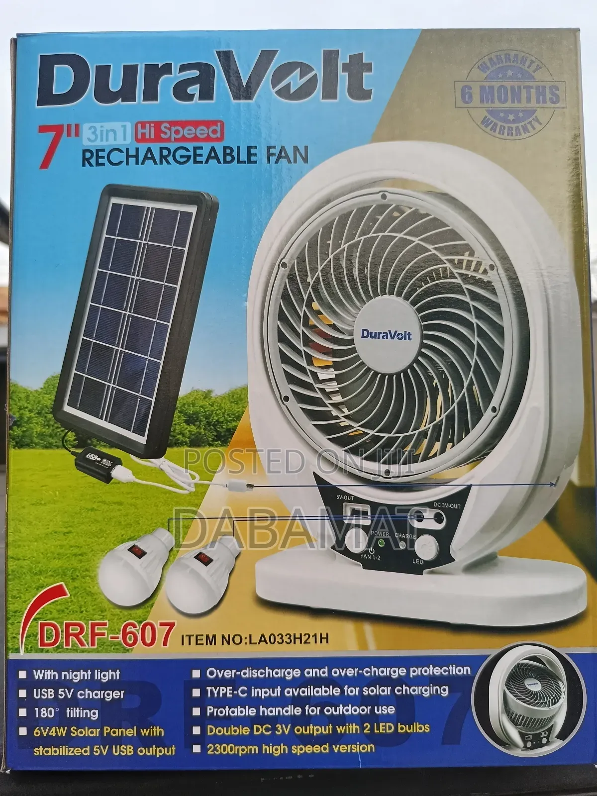 Duravolt 7 Inches Rechargeable 3in1 Solar Fan