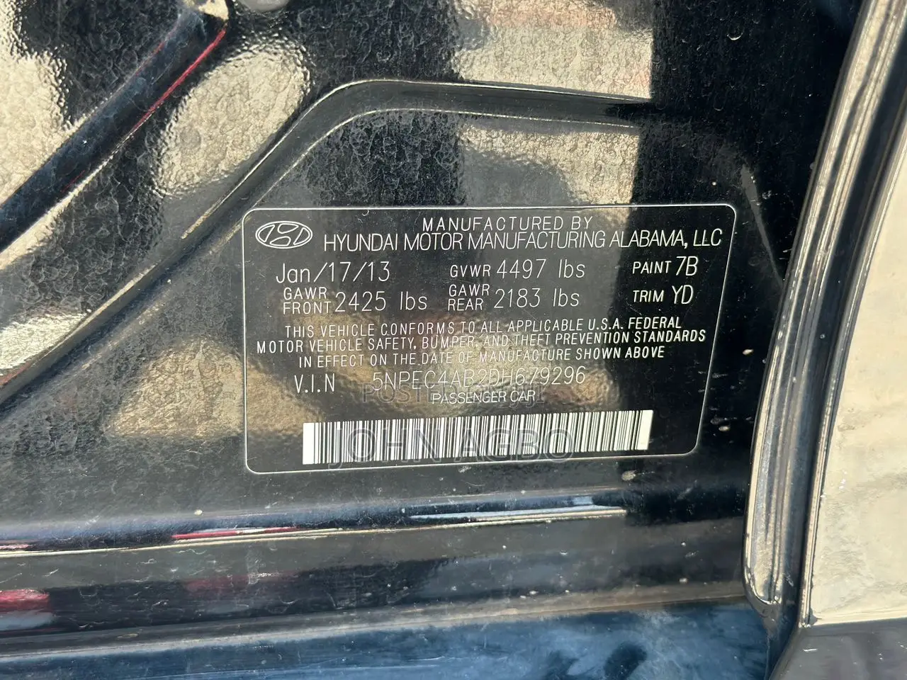 Hyundai Sonata Limited Sedan FWD (2.4L 4cyl 6A) 2013 Black
