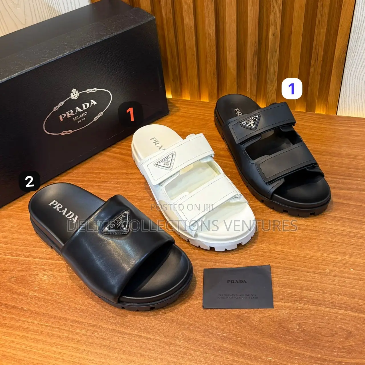 Original Prada Logo Plaque Brushed Cross Leather Slides Now Available