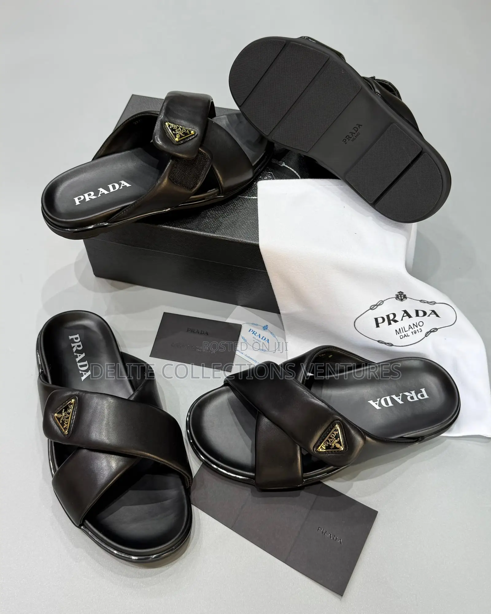 Original Prada Logo Plaque Brushed Cross Leather Slides Now Available