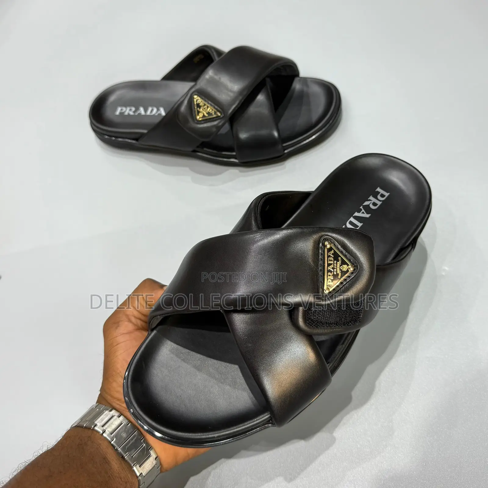 Original Prada Logo Plaque Brushed Cross Leather Slides Now Available
