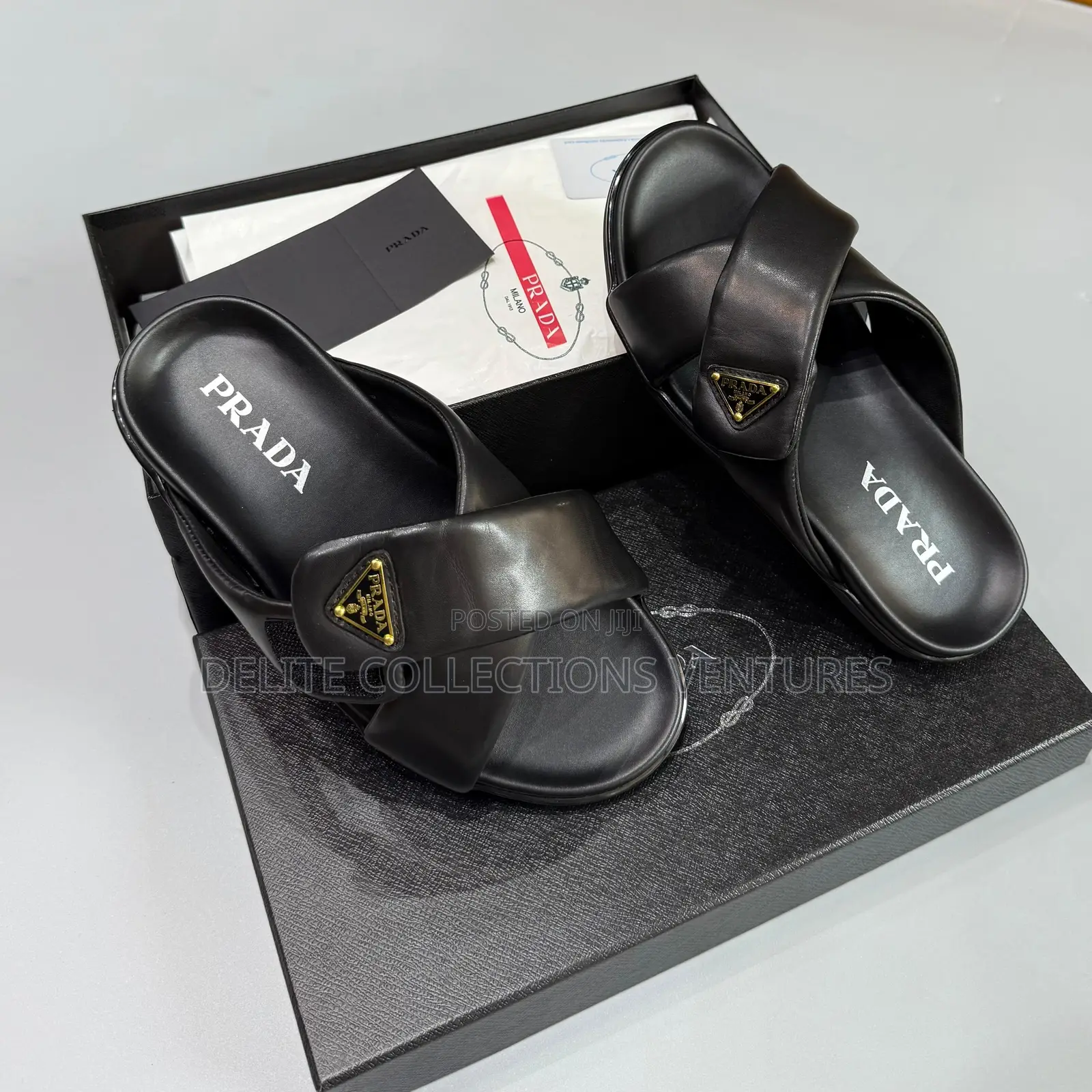 Original Prada Logo Plaque Brushed Cross Leather Slides Now Available